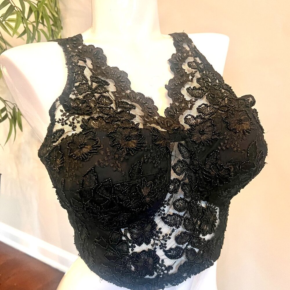 Vinatge Black Beaded Lace Corset Bustier Top Sheer Floral Embroidery XL